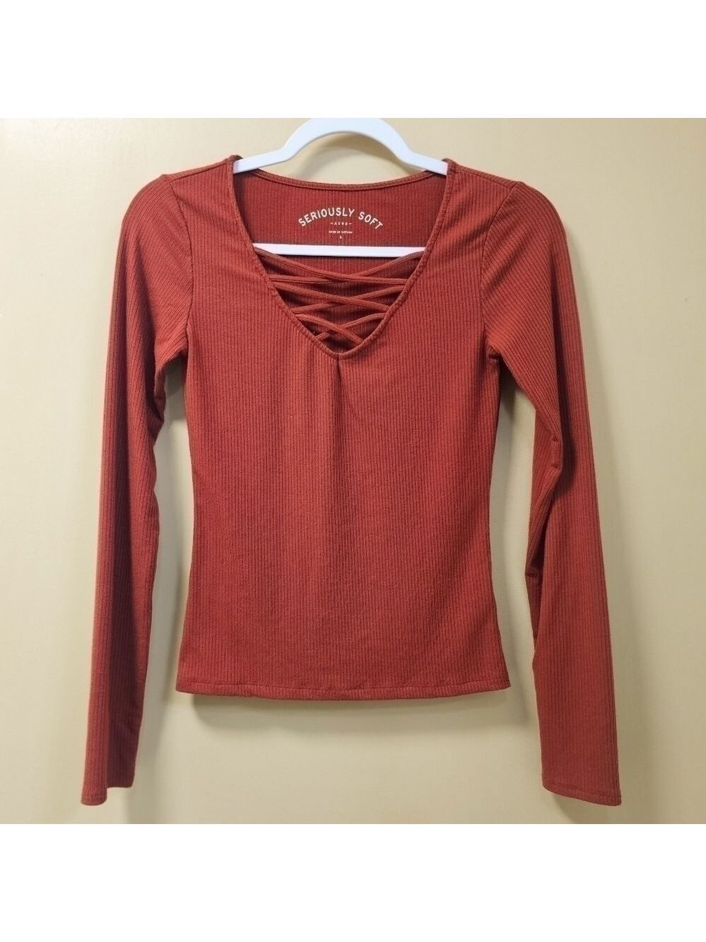AERO Long Sleeve Seriously Soft Lace-up Ribbed Top size small